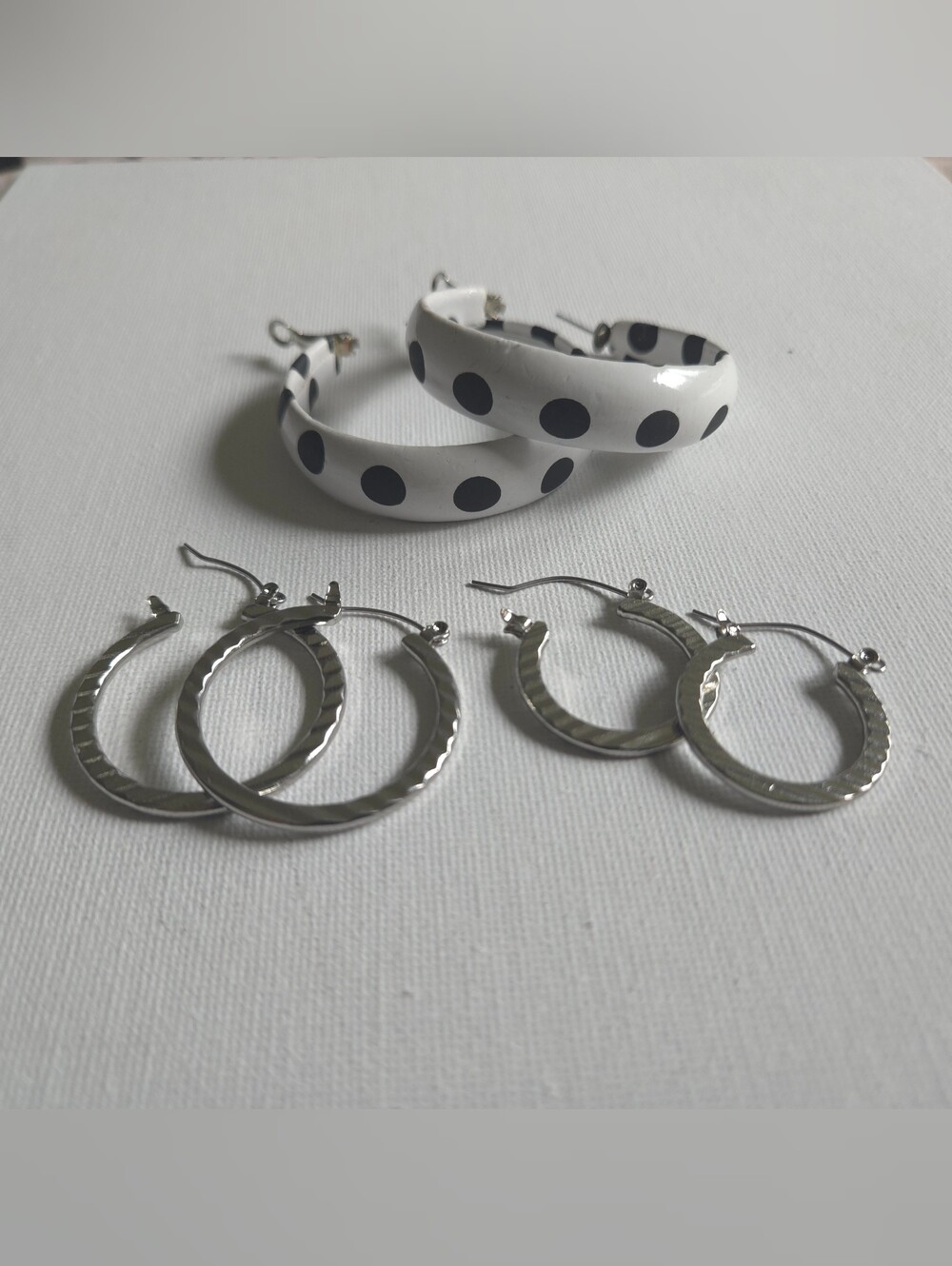 Pure Expressions Hoop Earrings Set Polka Dot White Enamel & Silver-Tone Textured